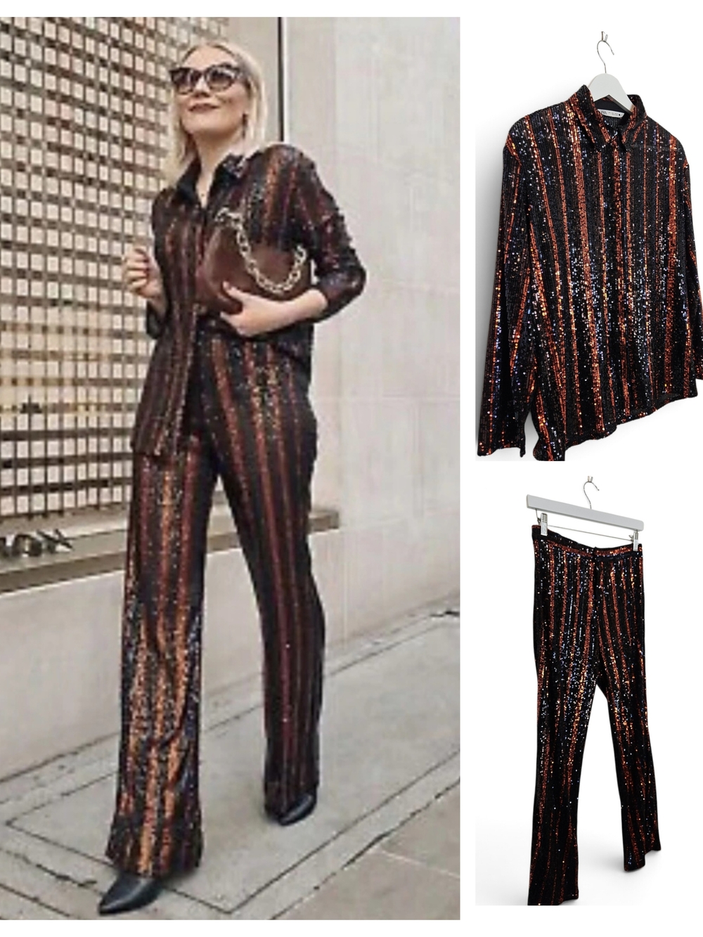 Zara Sequin Co-Ord Set S XS The Abbey Flare Pants Shirt 70s Disco Orange Black
